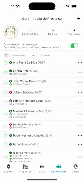 Tela de confirmação de presença com lista de convidados confirmados